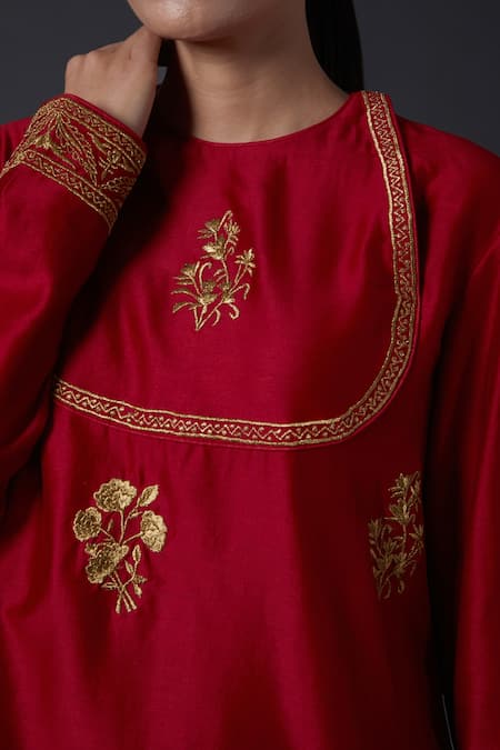 Balance By Rohit Bal Red Cotton, Chanderi Silk Floral Round Zari Work Tunic Online at Aza Fashions Balance By Rohit Bal_Red Cotton, Chanderi Silk Floral Round Zari Work Tunic _Online_at_Aza_Fashions
