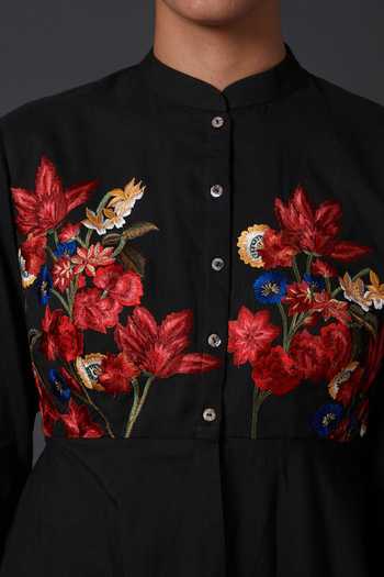Balance by Rohit Bal Black Cotton, Silk Chanderi Floral Mandarin Collar Peplum Top And Palazzo Set Online at Aza Fashions Balance by Rohit Bal_Black Cotton, Silk Chanderi Floral Mandarin Collar Peplum Top And Palazzo Set _Online_at_Aza_Fashions