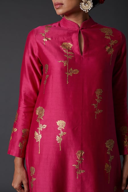 Balance By Rohit Bal_Pink Cotton, Chanderi Silk Floral Mandarin Collar Kurta And Palazzo Set _Online_at_Aza_Fashions