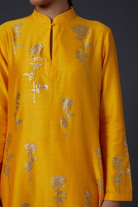 Balance By Rohit Bal_Yellow Cotton, Silk Chanderi Floral Mandarin Collar Printed Kurta And Palazzo Set _Online_at_Aza_Fashions