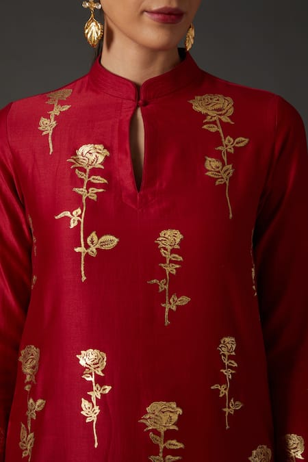 Balance By Rohit Bal_Red Cotton, Silk Chanderi Floral Mandarin Collar Printed Kurta And Palazzo Set _Online_at_Aza_Fashions
