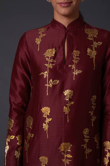 Balance By Rohit Bal_Maroon Cotton, Silk Chanderi Floral Mandarin Collar Printed Kurta And Palazzo Set _Online_at_Aza_Fashions