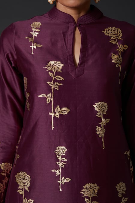 Balance By Rohit Bal_Purple Cotton, Silk Chanderi Floral Mandarin Collar Printed Kurta And Palazzo Set _Online_at_Aza_Fashions
