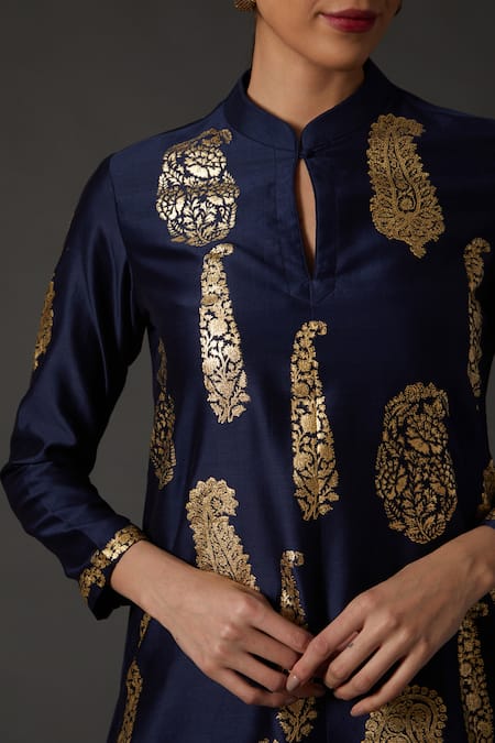 Balance By Rohit Bal_Blue Cotton, Silk Chanderi Paisley Mandarin Collar Printed Kurta And Palazzo Set _Online_at_Aza_Fashions