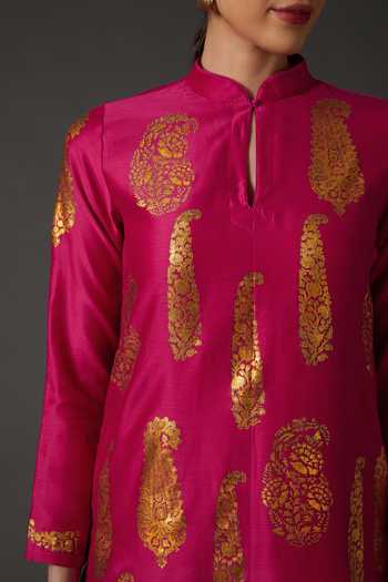 Balance by Rohit Bal Pink Cotton, Silk Chanderi Paisley Mandarin Collar Printed Kurta And Palazzo Set Online at Aza Fashions Balance by Rohit Bal_Pink Cotton, Silk Chanderi Paisley Mandarin Collar Printed Kurta And Palazzo Set _Online_at_Aza_Fashions