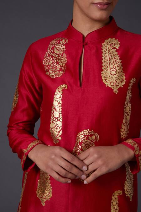 Balance By Rohit Bal_Red Cotton, Silk Chanderi Paisley Mandarin Collar Kurta And Palazzo Set _Online_at_Aza_Fashions
