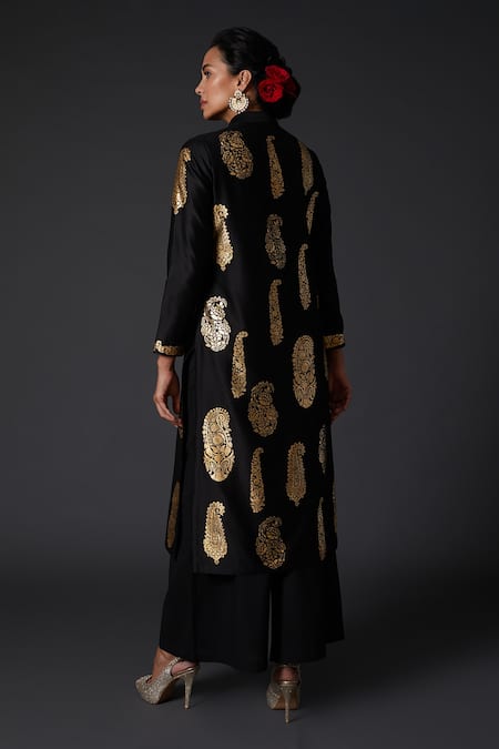 Shop_Balance By Rohit Bal_Black Cotton, Silk Chanderi Paisley Mandarin Collar Kurta And Palazzo Set _at_Aza_Fashions