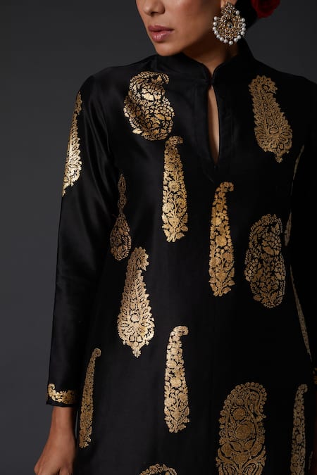 Balance By Rohit Bal_Black Cotton, Silk Chanderi Paisley Mandarin Collar Kurta And Palazzo Set _Online_at_Aza_Fashions