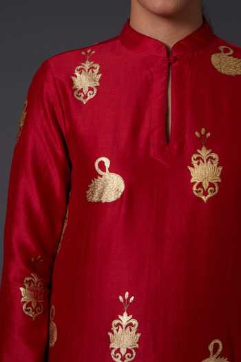 Balance by Rohit Bal_Red Cotton, Chanderi Silk Bird, Floral Mandarin Collar Kurta And Palazzo Set _Online_at_Aza_Fashions