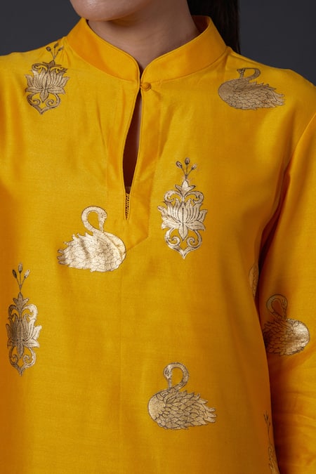 Balance By Rohit Bal_Yellow Cotton, Chanderi Silk Bird, Floral Mandarin Printed Kurta And Palazzo Set _Online_at_Aza_Fashions