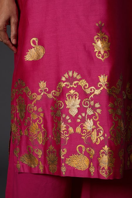 Balance By Rohit Bal_Pink Cotton, Chanderi Silk Bird, Floral Mandarin Collar Kurta And Palazzo Set _Online_at_Aza_Fashions