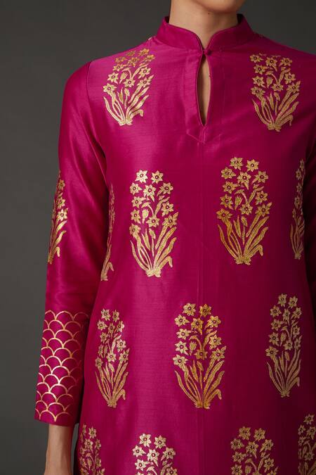 Balance By Rohit Bal_Pink Cotton, Chanderi Silk Floral Mandarin Collar Kurta And Palazzo Set _Online_at_Aza_Fashions