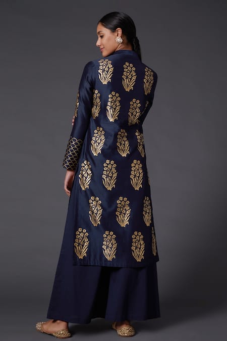 Shop Balance By Rohit Bal Blue Cotton, Chanderi Silk Floral Mandarin Collar Printed Kurta And Palazzo Set at Aza Fashions Shop_Balance By Rohit Bal_Blue Cotton, Chanderi Silk Floral Mandarin Collar Printed Kurta And Palazzo Set _at_Aza_Fashions