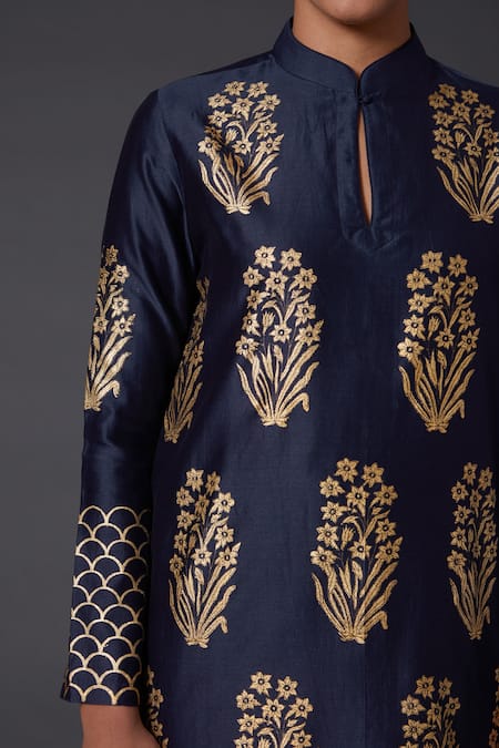 Balance By Rohit Bal Blue Cotton, Chanderi Silk Floral Mandarin Collar Printed Kurta And Palazzo Set Online at Aza Fashions Balance By Rohit Bal_Blue Cotton, Chanderi Silk Floral Mandarin Collar Printed Kurta And Palazzo Set _Online_at_Aza_Fashions