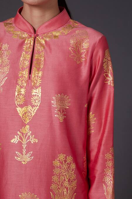 Rohit Bal Designs Pvt Ltd_Pink Cotton, Silk Chanderi Chevron, Floral Mandarin Collar Kurta And Palazzo Set _Online_at_Aza_Fashions