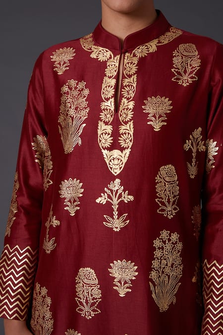 Balance By Rohit Bal_Maroon Cotton, Silk Chanderi Chevron, Floral Printed Kurta And Palazzo Set _Online_at_Aza_Fashions