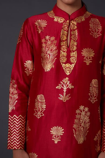 Balance By Rohit Bal_Red Cotton, Silk Chanderi Chevron, Floral Mandarin Collar Kurta And Palazzo Set _Online_at_Aza_Fashions