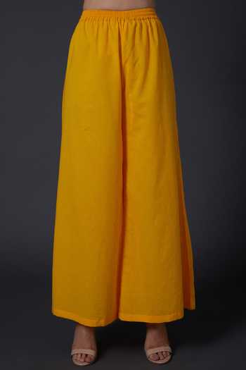 Balance by Rohit Bal_Yellow Cotton, Silk Chanderi Chevron, Floral Mandarin Collar Kurta And Palazzo Set _Online_at_Aza_Fashions