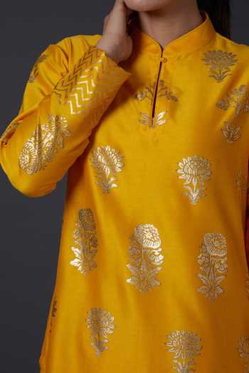 Buy_Balance by Rohit Bal_Yellow Cotton, Silk Chanderi Chevron, Floral Mandarin Collar Kurta And Palazzo Set _Online_at_Aza_Fashions
