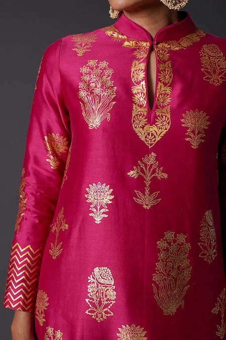 Balance By Rohit Bal_Pink Cotton, Silk Chanderi Chevron, Floral Mandarin Collar Kurta And Palazzo Set _Online_at_Aza_Fashions