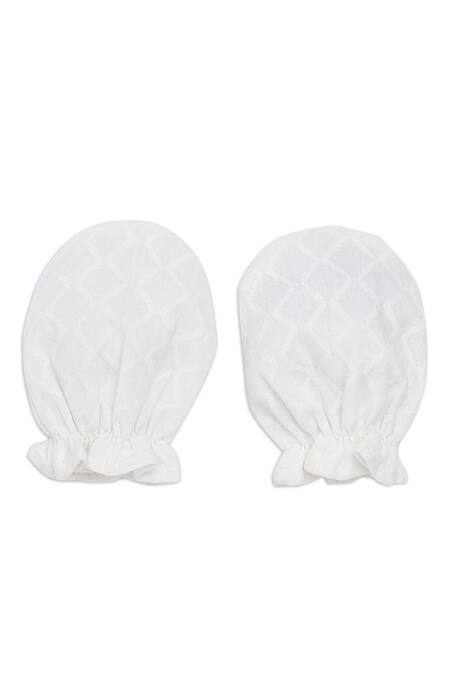 Shop_Tiber Taber_White Cotton Lace, Embroidery Cap Mittens And Booties Set_Online_at_Aza_Fashions