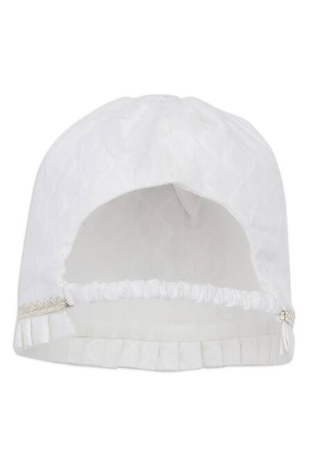 Tiber Taber_White Cotton Lace, Embroidery Cap Mittens And Booties Set_at_Aza_Fashions