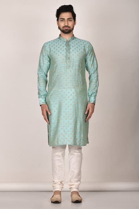 Shop Arihant Rai Sinha Blue Polyester, Cotton Embroidery Floral Motif Full Sleeve Kurta Online at Aza Fashions Shop_Arihant Rai Sinha_Blue Polyester, Cotton Embroidery Floral Motif Full Sleeve Kurta _Online_at_Aza_Fashions