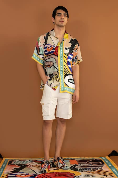 Shivan & Narresh Multi Color Silk Satin Printed Resort Shirt 