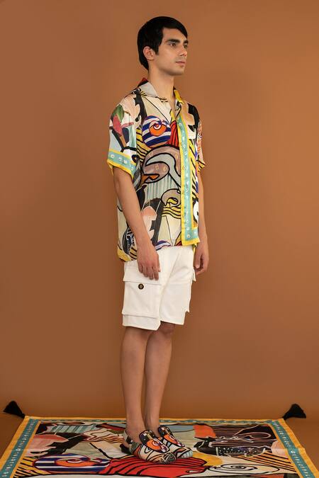 Shivan & Narresh Multi Color Silk Satin Printed Resort Shirt Online at Aza Fashions Shivan & Narresh_Multi Color Silk Satin Printed Resort Shirt _Online_at_Aza_Fashions