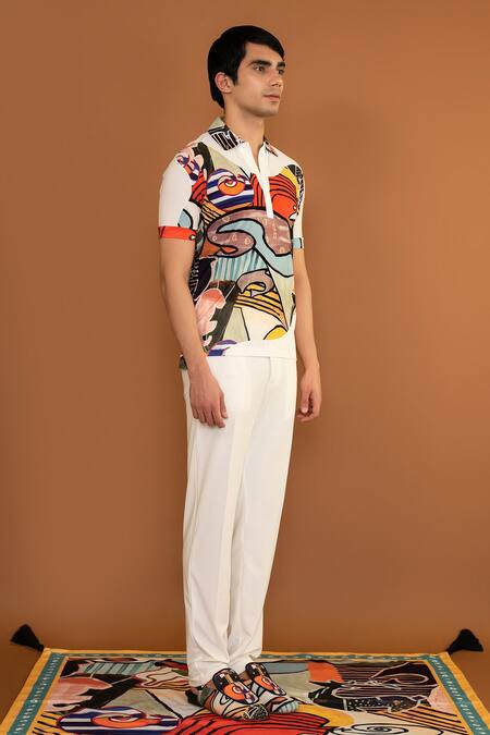Shivan & Narresh_Multi Color Knitted Polyester Jersey Digital Print Polo T-shirt_Online_at_Aza_Fashions