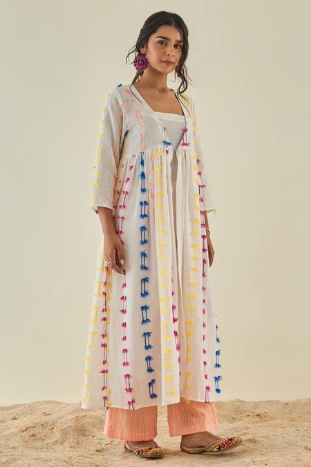 LAHARIO_White Cotton Threadwork Jacket Open, Kurta Square Embroidered And Set _Online_at_Aza_Fashions