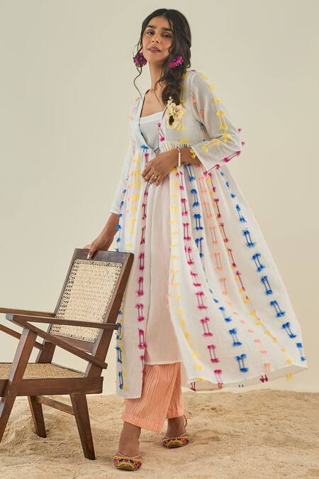 Buy_LAHARIO_White Cotton Threadwork Jacket Open, Kurta Square Embroidered And Set _Online_at_Aza_Fashions