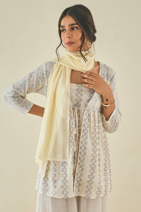 Buy_LAHARIO_White Cotton Geometric Motifs Jacket Open, Kurta Embroidered And Sharara Set_Online_at_Aza_Fashions