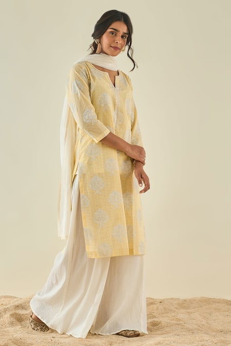 Shop_Lahario_Yellow Cotton Embroidered Floral Motifs Notched Printed Kurta Sharara Set _at_Aza_Fashions