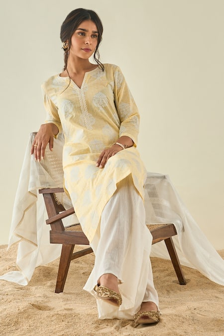 Lahario_Yellow Cotton Embroidered Floral Motifs Notched Printed Kurta Sharara Set _Online_at_Aza_Fashions