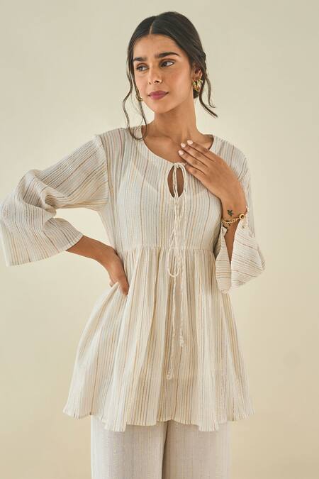 Buy LAHARIO White Cotton Striped Keyhole Kurta And Pant Set Online at Aza Fashions Buy_LAHARIO_White Cotton Striped Keyhole Kurta And Pant Set _Online_at_Aza_Fashions