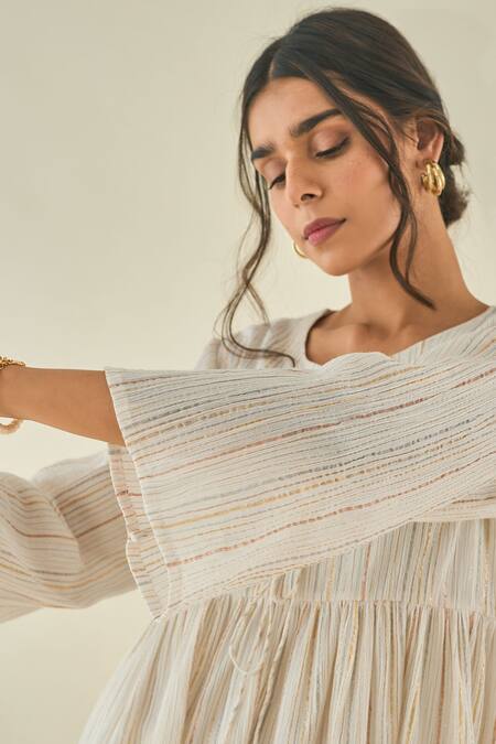 LAHARIO White Cotton Striped Keyhole Kurta And Pant Set at Aza Fashions LAHARIO_White Cotton Striped Keyhole Kurta And Pant Set _at_Aza_Fashions