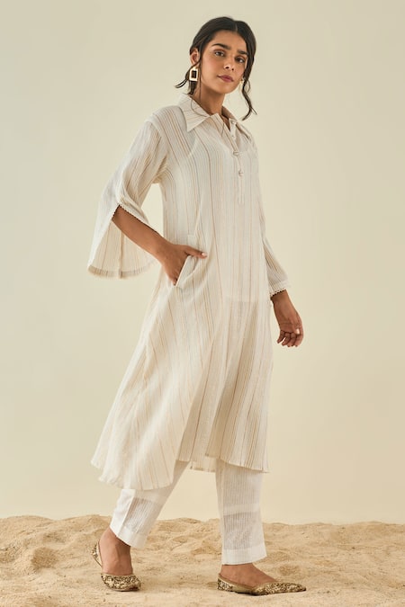 LAHARIO_White Cotton Striped Collared Neck Kurta And Pant Set _Online_at_Aza_Fashions