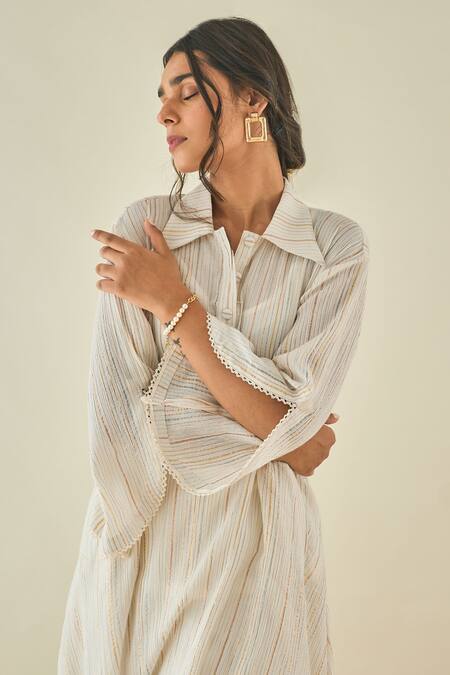 Buy_LAHARIO_White Cotton Striped Collared Neck Kurta And Pant Set _Online_at_Aza_Fashions