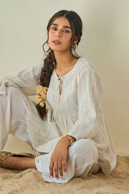 Shop_LAHARIO_White Cotton Striped Collared Neck Kurta And Pant Set _Online_at_Aza_Fashions