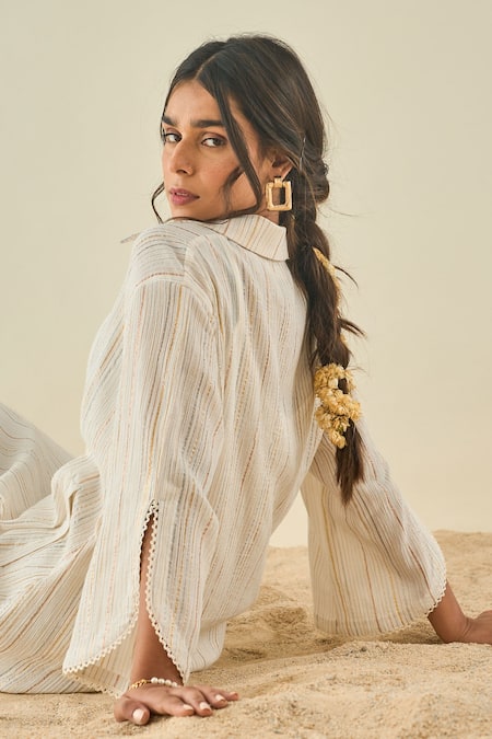 LAHARIO_White Cotton Striped Collared Neck Kurta And Pant Set _at_Aza_Fashions