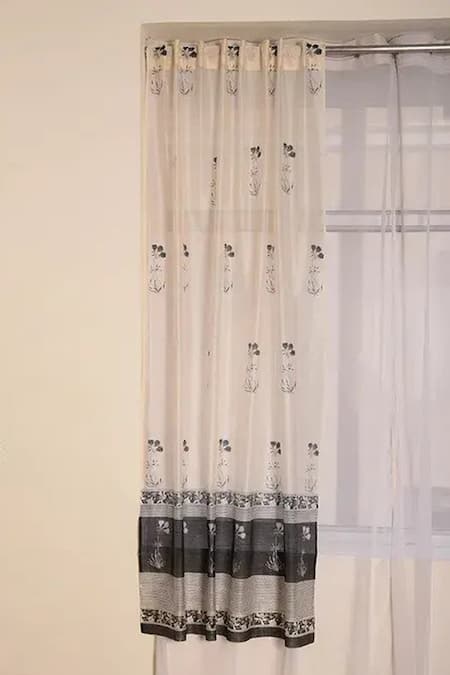 Inheritance India Black Cotton Print Chanderi Curtains Set Of 2 