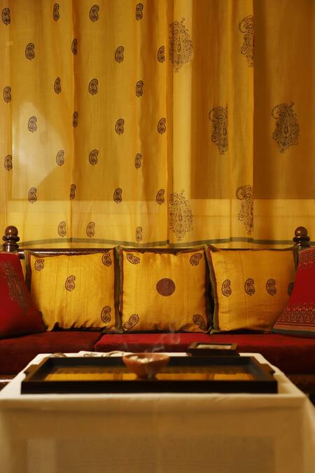 Inheritance India Yellow Cotton Print Hand Block Chanderi Curtains Set Of 2 Online at Aza Fashions Inheritance India_Yellow Cotton Print Hand Block Chanderi Curtains Set Of 2_Online_at_Aza_Fashions
