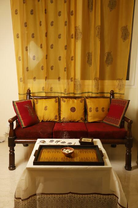 Shop Inheritance India Yellow Cotton Print Hand Block Chanderi Curtains Set Of 2 Online at Aza Fashions Shop_Inheritance India_Yellow Cotton Print Hand Block Chanderi Curtains Set Of 2_Online_at_Aza_Fashions