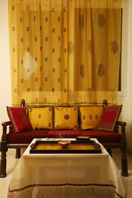 Inheritance India Yellow Cotton Print Hand Block Chanderi Curtains Set Of 2 at Aza Fashions Inheritance India_Yellow Cotton Print Hand Block Chanderi Curtains Set Of 2_at_Aza_Fashions