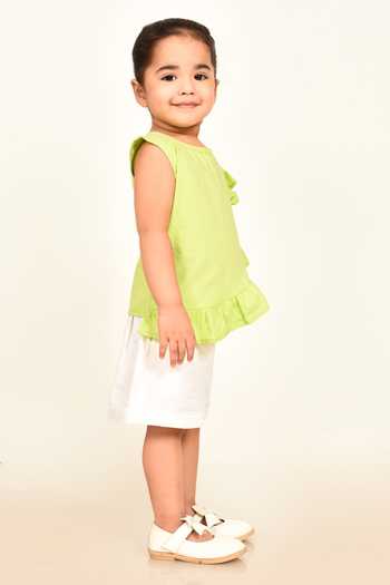 Samyukta Singhania_Green Cotton Plain Ruffle Top_Online_at_Aza_Fashions