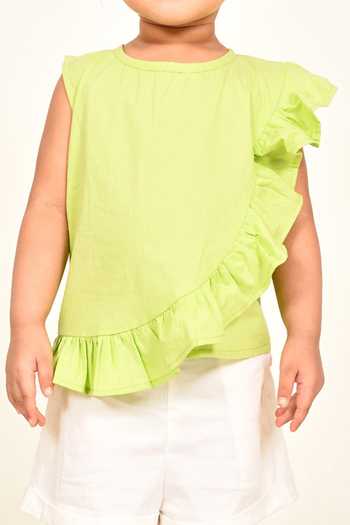 Shop_Samyukta Singhania_Green Cotton Plain Ruffle Top_Online_at_Aza_Fashions