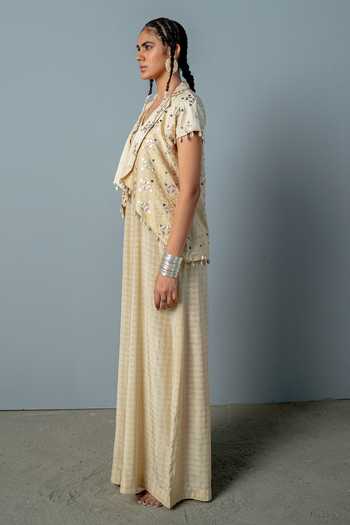 Pooja Rajgarhia Gupta_Gold Crepe Block Print, Sequins, Cleo Hand Embroidered Jacket And Jumpsuit Set _Online_at_Aza_Fashions