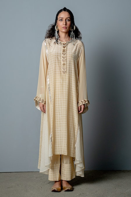 Shop_Pooja Rajgarhia Gupta_White Georgette, Cotton Satin Geometric Print, Sequins Cleo Kurta And Pant Set _Online_at_Aza_Fashions