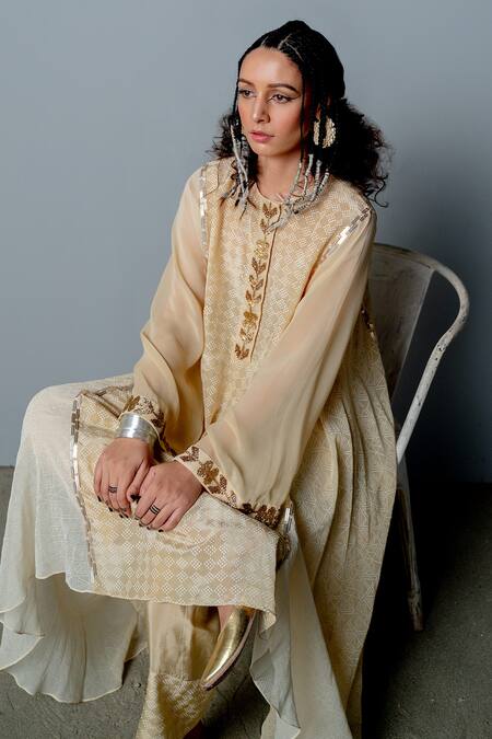 Pooja Rajgarhia Gupta_White Georgette, Cotton Satin Geometric Print, Sequins Cleo Kurta And Pant Set _at_Aza_Fashions